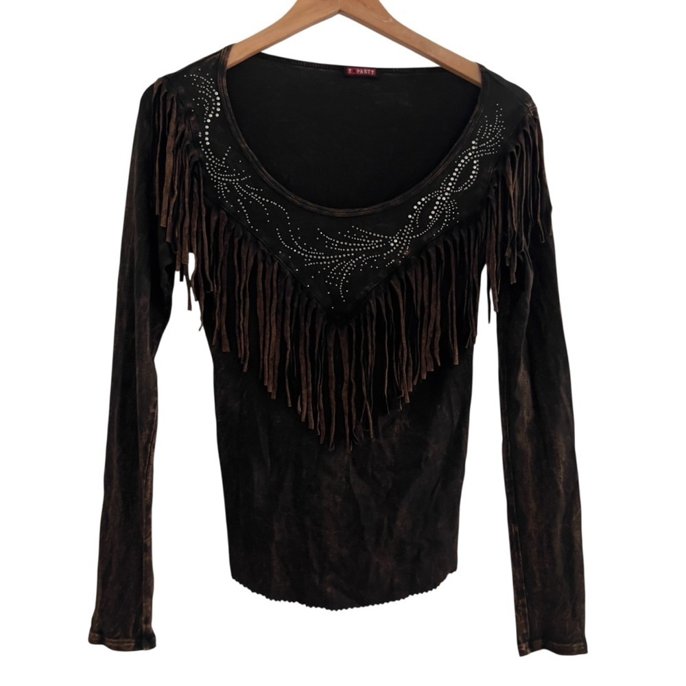 T Party Fashion Women’s Sz S Black Brown Fringe Embellished Long Sleeve Top
